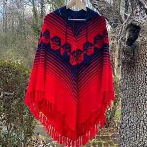 Vintage Red and Blue‎ Fringed Poncho Cloak